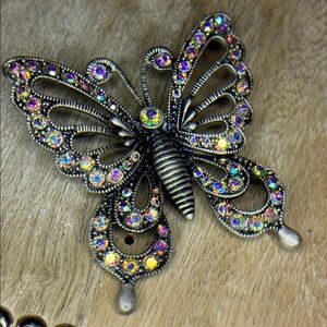 Ornate silver pewter AB crystal Stone large butterfly brooch